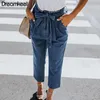 Women's Jeans Nine-minute Trousers Women Hight Waisted Loose Bow Bandage Hole Denim Straight Stretch Pants Jean Casual Y