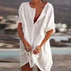 Women's Swimwear Women Cotton Cover Up Casual Loose Short-Sleeved Shirt 2023 Boho Beachwear Summer Solid White Beach Dresses Long Blouse