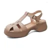 Sandals Summer Women Shoes Genuine Leather Cover Toe Chunky Heel High For Concise