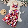 Celebrity Holiday Two Piece Dress European and American Ins Style Print Set Short Strap Large Fold Half Kirt