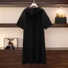 Tops 150Kg Plus Size Women's Bust 157 Summer Loose ShortSleeved Hooded Zipper TShirt Dress Black 6XL 7XL 8XL 9XL 10XL