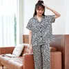 Indumenti da notte da donna Fdfklak Stampa leopardata 3 pezzi Pigiama Set per le donne Pigiama Abito estivo sexy Homewear Manica corta da notte