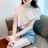 Camisetas femininas 2023 Camisa coreana Summer Ruffles Camisa de manga curta Mulheres do tipo de retalhos de retalhos de retalhos estacos do estilo Camisetas Irregular White Tshirt