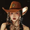 Baretten Western Wild West Sheriff Hoed Met Vijfsterren Feestkostuum Voor Mannen Lady Jazz Cowgirl Brede Cowboy Unieke Badge Decors