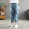 Jeans primavera novo nó chinês bordado jeans feminino laminado punhos rasgados girou borda mamã