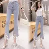 Jeans 2020 Nya sommarkvinnor Chic Croped Flare Rawcut Edges Tassel Jeans Trousers Female Button broderade flares Denim Pants T221