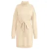 Casual Dresses Elegant Knit Dress With Neck And Cold Shoulder Waist Tie Mini Perfect For Various Occasions