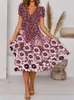 ドレス2022女性ドレス夏のVneck Pollover Elastic Waist Midcaf Long Ladies Skirtsカジュアル印刷エレガントな女性ドレス