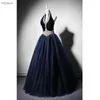 Party Dresses Navy Blue Vintage Evening Puffy Ball Gowns Halter Pearls Tulle Velvet For Women Abiti Da Cerimonia Sera