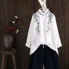 T-Shirt Stand Collar Casual Blouses Plus Size 3 4 XL Women Cotton and Linen Floral Embroidery Ruffles Long Sleeve Blouse Shirt SWM1017