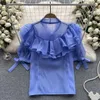 Camicette da donna Office Lady Summer Sweet Lace-Up Bow Ruffles Camicia in chiffon Pullover a maniche corte a sbuffo da donna Top neri bianchi larghi