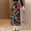 Skirts 2023 Spring Summer Women High Waist Slim Black Long Skirt Quality Gorgeous Flowers Print Tassels Hem Pleated