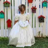Kız Elbiseler Fildişi Saten Çiçeği Yay Şerit Mücevher Boyun Boyun Ayak Bileği Uzunluğu Kabarcık Kısa Kollu Kızlar İlk Cemaat