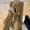 Women's Two Piece Pants French Lace Up Half High Neck Knit Set 2023 AutumnWinter Fashion Wide Leg Cardigan Sweater Three 231124