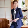 Kvinnors tvåbitar byxor Elegant svart marinblå randig 2 stycken Set Women Passar Slim Work Wear Office Lags Långärm Blazer och byxa