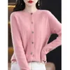 Tricô feminino primavera e outono temperamento com caxemira pura cardigan gola redonda suéter de lã curto fora da parte superior