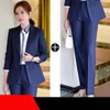 Zweiteilige Damenhose, elegant, schwarz, marineblau, gestreift, 2-teiliges Set, Damenanzug, schmale Arbeitskleidung, Büro-Damen-Langarm-Blazer und Hose