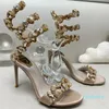 2023-High klackar Sandaler Designer Kvinnor Klädskor 9,5 cm Serpentin Wraparound Crystal Bow Fashion Party Stiletto Heel Wedding Shoe