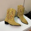 Vintage Hollow Embroidery Pointy Boots Women 2023 New Thick Heel Carved Western Cowboy Boots