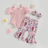 Kleidungssets Baby Mädchen Sommer Overalls Set Knopf Kurzarm Strampler und Kuhkopf Blumendruck Elastische Schlaghose Stirnband