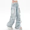 Jeans femininos streetwear flap bolso baggy denim calça rasgado buraco mulheres y2k harajuku hip hop casual bf namorado solto reto techwear