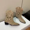 Vintage Hollow Embroidery Pointy Boots Women 2023 New Thick Heel Carved Western Cowboy Boots
