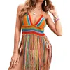 CAMISOLELE TOBLES Women Beach Crochet Hanter Top Boho Rainbow Kolorowe paski frędzle frędzle bikini pokrywka seksowna dzianina w szyku w szpic C63F 230425