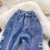 Kadın Kot Moda Kadınlar 2023 Yaz Mavi Yüksek Bel Yırtık Delikler Denim Pantolon Düz Geniş Bacak Pantolon Günlük Sokak Giysileri