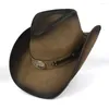 Basker kvinnor män västra cowboy hatt för gentleman pappa läder cowgirl sombrero hombre jazz mössor storlek 58-59cm med tjurband