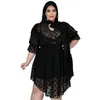 Plus size jurken massieve grote dames stip mesh splicing knie lengte rok rokter net net ronde nek jurk deksel