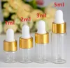 1000pcs/lot 1ml 2ml 3ml 5ml Mini Glass Bottle Refillable Empty Clear Eye Dropper Perfume Sample Bottles With Black Gold Cap