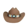 Baretten Retro Turquoise Kralen Gebreide Band Imitatie Kasjmier Dames Heren Grote Brede Rand Cowboy Western Hoed Cowgirl Cap (56-59cm)