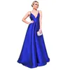 Thin Spaghetti Royal Blue Satin Prom Dresses For Women V-Neck Simple A Line Formal Party Gowns Empire Waist Elegant Evening Gowns 2023