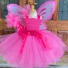 Vestidos meninas meninas garotas rosa glitter borboleta vestido de fada criança crochet flor tutu crianças aniversário halloween traje de fantasia
