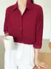 Kvinnors blusar skjortor Ankomst Kvinnor Solid Turndown Collar Chiffon Blus Overlaze Button Up Wine Red Shirt Korea Style Feminina BUSA T9O905F 230425