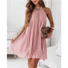 Ethnic Clothing Sleeveless Halter Chiffon Pleated Dress Women Sexy Fashion Casual Mini Dress Solid Color Loose 230425