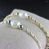 Link Bracelets 8-9mm Natural Pearl Adorned Bracelet Shell Beads Golden/Silver Hematite For Women Braclets Elastic Band