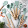 Set di utensili da cucina in silicone 12 pezzi da cucina con manici in legno Supporto per pentole antiaderenti Cucchiaio da minestra Mestolo scanalato Frusta Pinze Spazzola Pasta Server 0729