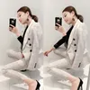 Damskie garnitury Blazers Autumn Women's Korean Style Elegancki moda na lapę podwójnie wybredna dama Business Formalne garnitury kurtki z długimi spodniami Suit 230426