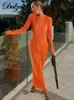 Casual Dresses Pakaian Y2K Seksi Ruched Bergaris Musim Gugur Dulzura Gaun Midi Bodycon Lengan Panjang untuk Wanita Elegan Pesta Klub 230426