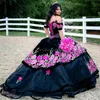 Charro Noir Quinceanera Robes Avec Motif Floral 2023 Hors Épaules Corset Robe De Bal Perlé Doux 15 Robes De Fête D'anniversaire