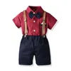 ملابس الملابس بدلة الصبي مجموعة الصيف الرسمية ملابس الطفل ربطة عنق قميص أحمر وسيم قصير الأكمام مخططة السراويل