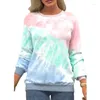 Hoodies femininos casual manga comprida camiseta pulôver outono gravata tingida impresso topo em torno do pescoço solto camisola com capuz oversized S-5XL