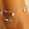 Fußkettchen Sommer Boho Herz Mond Sonne Silber Farbe für Frauen Doppelschichten Fußkette Armband am Bein Strand Barfuß Schmuck