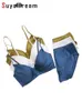 Bras set Suyadream Women Silk BH Set 92%Silk 8%Spandex Thin Mold Cup Wire Free Underwears bekväma intimat Blue Black 230426