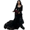 Gotik Siyah Çiçek aplikleri A-line gelinlik uzun kollu şeffaf boyun bahçe gelinlikleri dantel tül vintage vestido de novia 2023