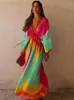 Casual Dresses GypsyLady Boho Tie Dye Loose Maxi Dress Floral Print V-neck Red Spring Autumn Holiday Women Ladies Vestidos