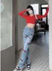 Jeans da donna Primavera American Design Ricamato Gamba Dritta Donna Nicchia Larga Demin Pantaloni Donna Vita Alta Y2k