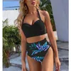 Yüzme Giyim 2021 Yeni Yüksek Bel Bikini Yaprak Baskı Mayo Kadınlar Yukarı Mayo Kadın Yular M (