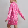 カジュアルドレスプルオーバーハーフハイカラーセーター女性プリントラインパターン2023ピンクのルーズセーターニットウェアの長いトップス